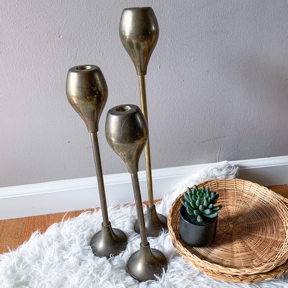 3 Vintage MCM Tall Gold Brass Bulb Candlesticks